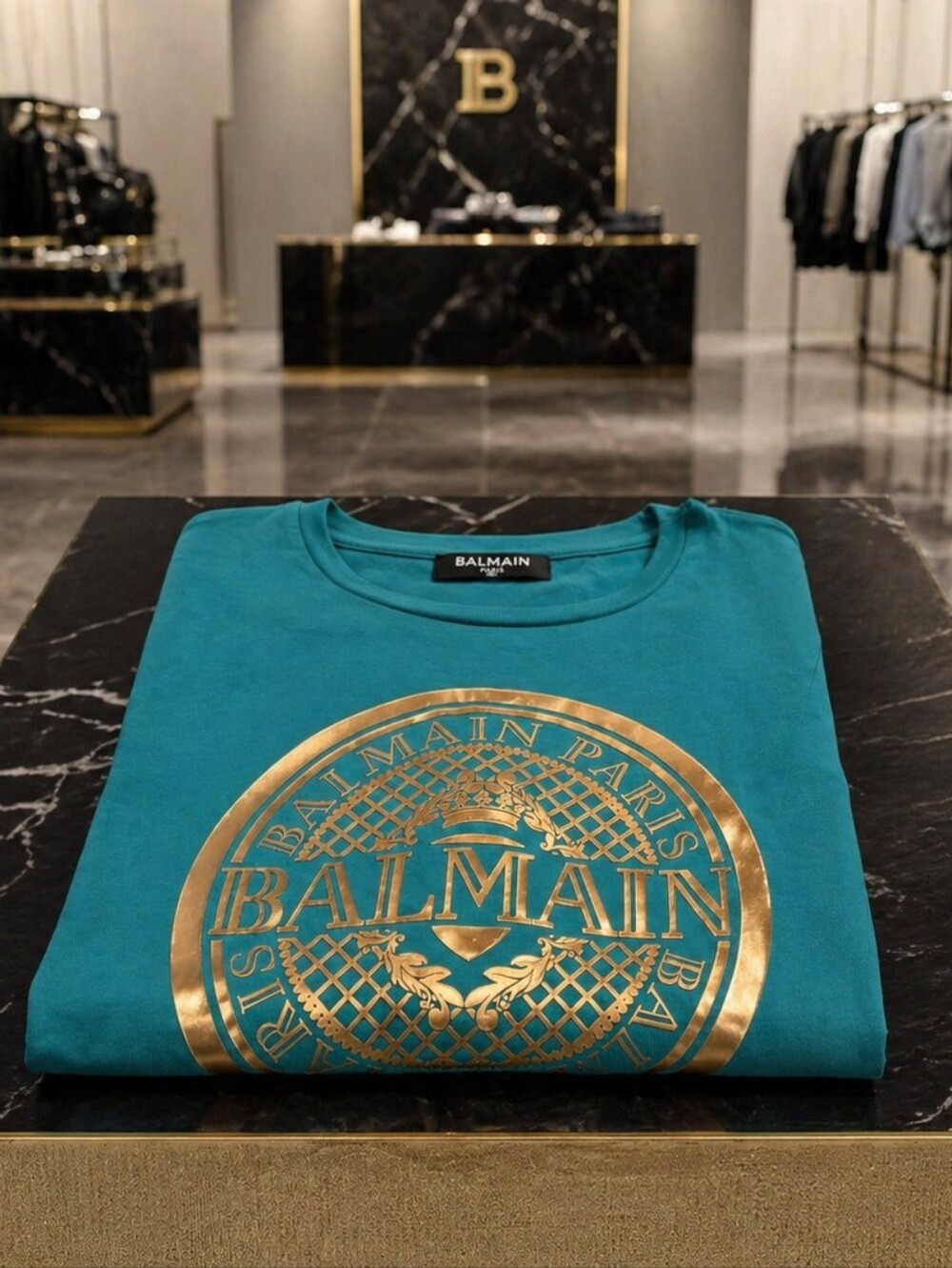 BALMAIN PARIS  Teal & Metallic Crest Logo T-Shirt Unisex